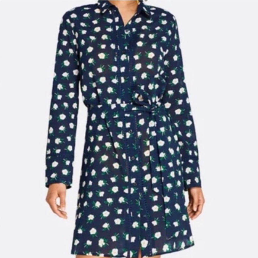 Draper James X Lands End Shirt Dress Navy Blue Magnolia Floral F4